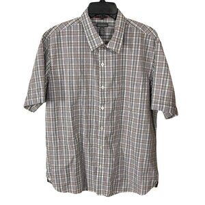 Van Heusen Men's Button Front Shirt Short Sleeve Plaid L Large Burgundy Blue
